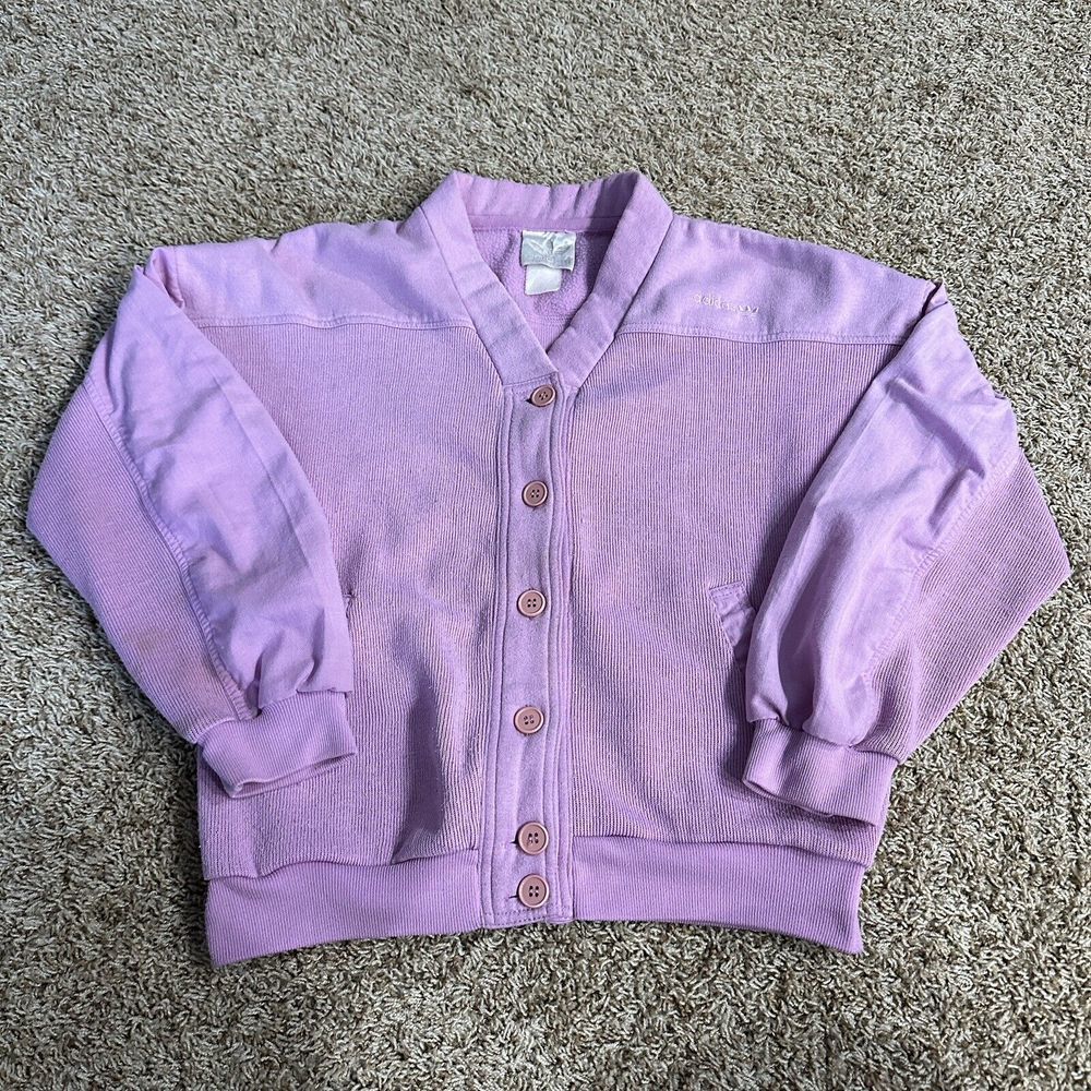 Vintage Adidas Varsity Cardigan V-Neck Sweater Purple Pink Womens Size Small‎